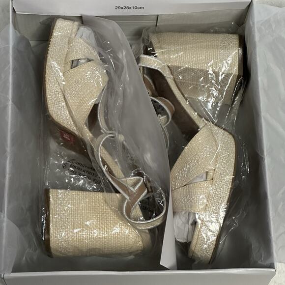 Wild pair Harperr White Linen Strap Sandals Cork Heel 8.5 NEW - Picture 13 of 15